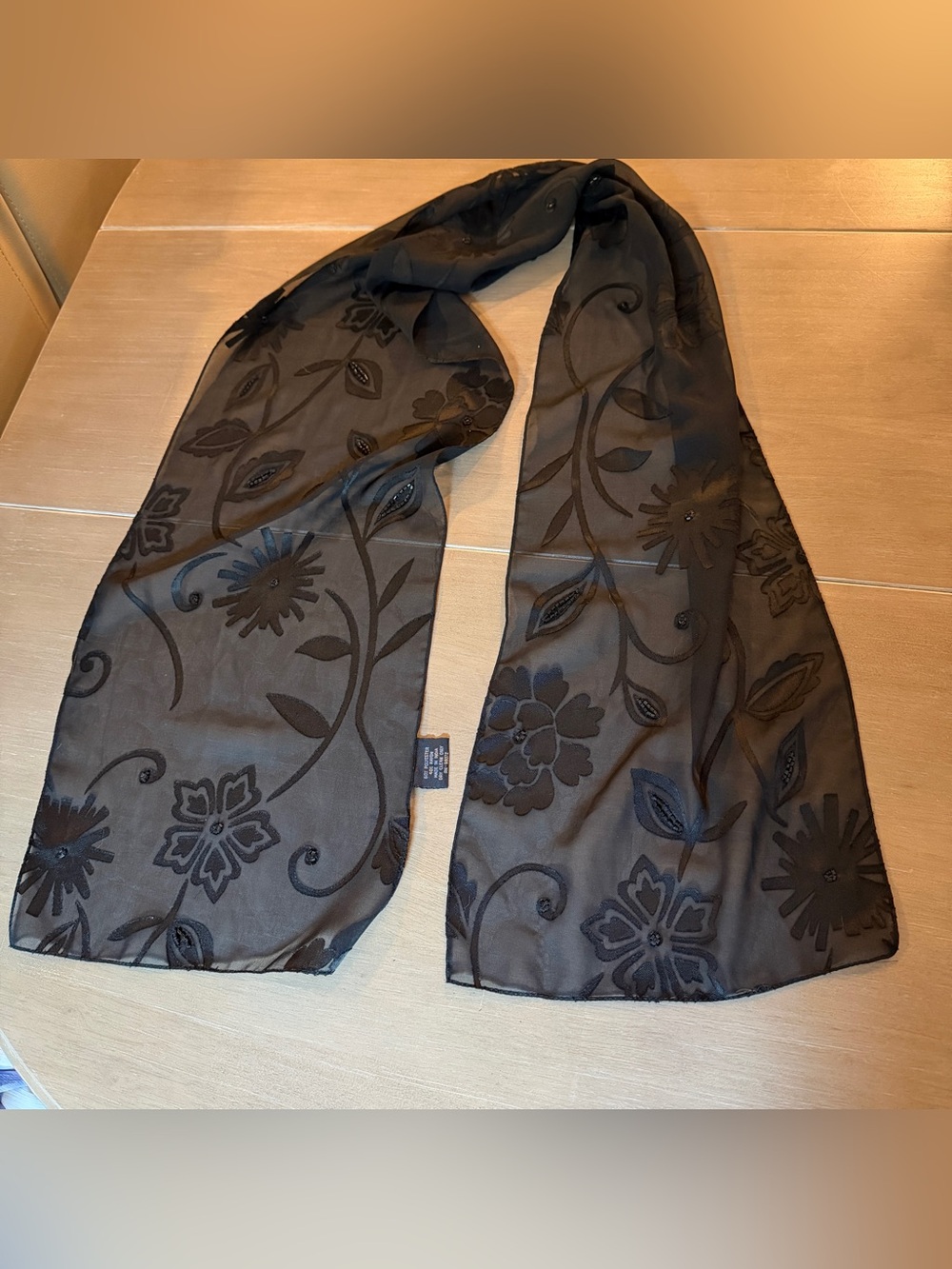 Black Sheer Floral Beaded Scarf Wrap Shawl Whimsigoth Boho